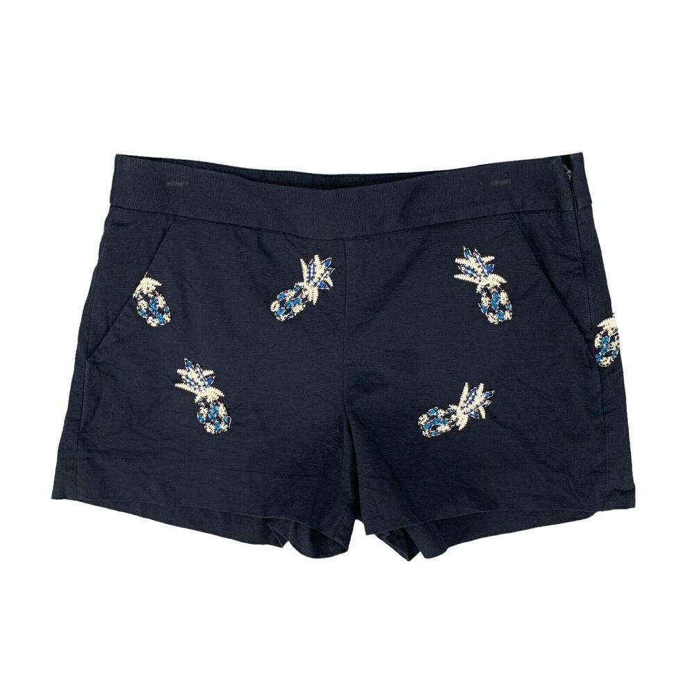 Loft Ann Taylor Pineapple Shorts Womens 4 Navy Blue Embellished Side Zip Chino